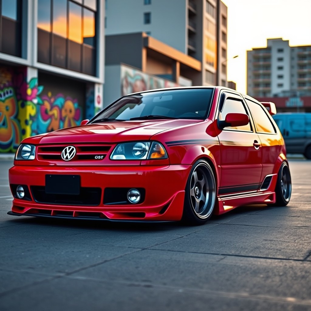 A customized Volkswagen Gol, known as 'carro Gol rebaixado', featuring a low ride height with a sporty and aggressive stance
