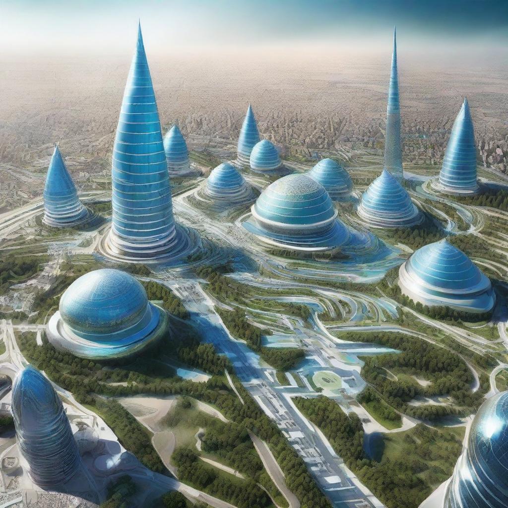 A futuristic view of Uzbekistan in 2050 showcasing advances in architecture, technology, and transportation.