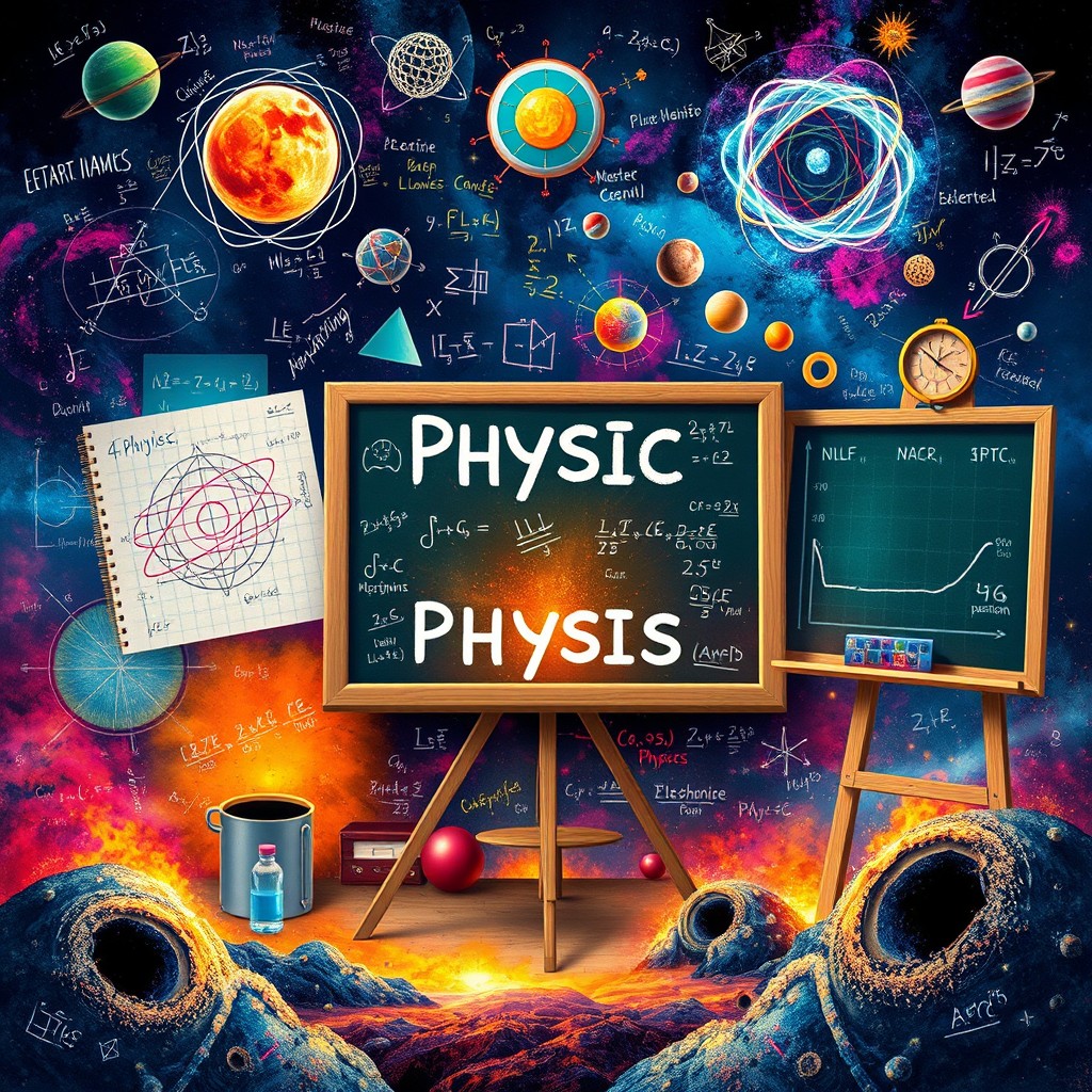 An intricate and visually captivating representation of various physics concepts, featuring colorful diagrams illustrating the laws of physics such as Newton's laws of motion, the electromagnetic spectrum, and quantum mechanics