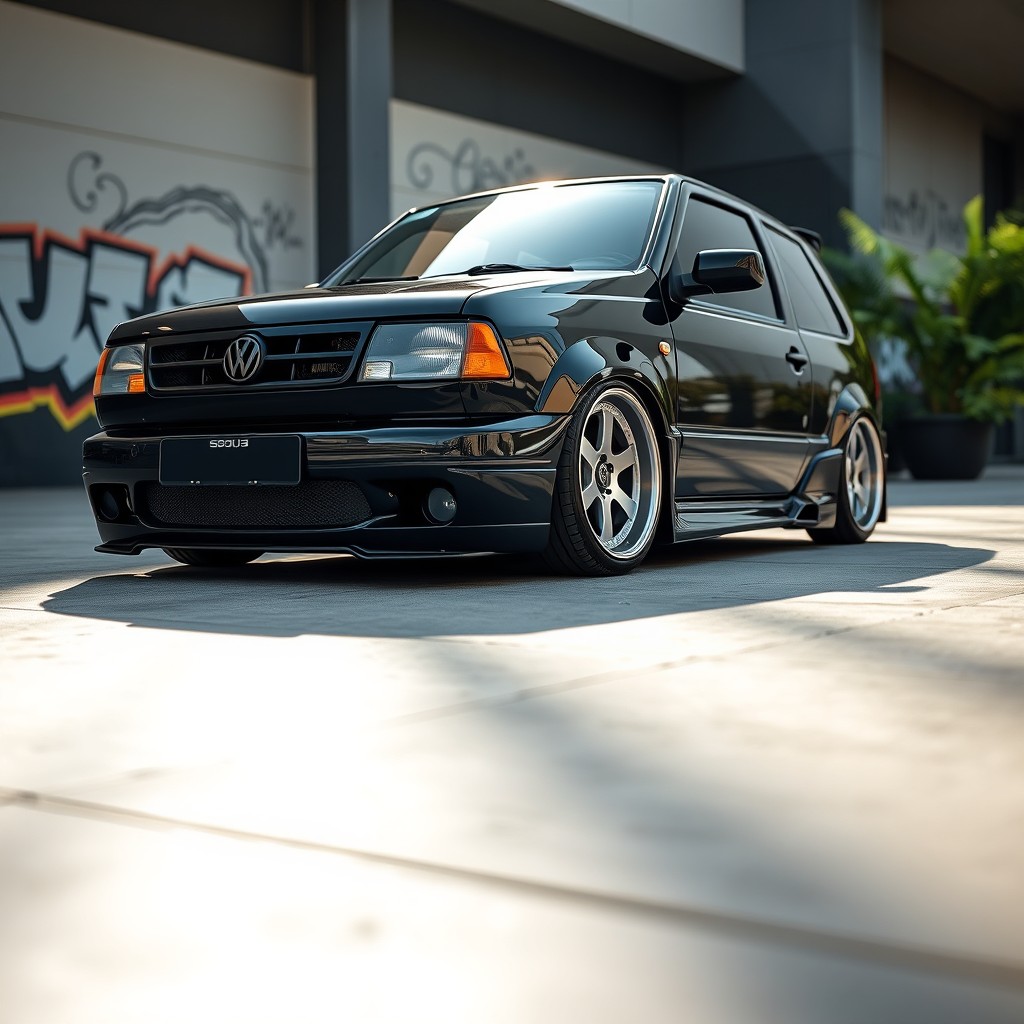 A stunning, lowered Volkswagen Gol G3, showcasing sleek modifications, with a glossy black paint job and custom alloy wheels