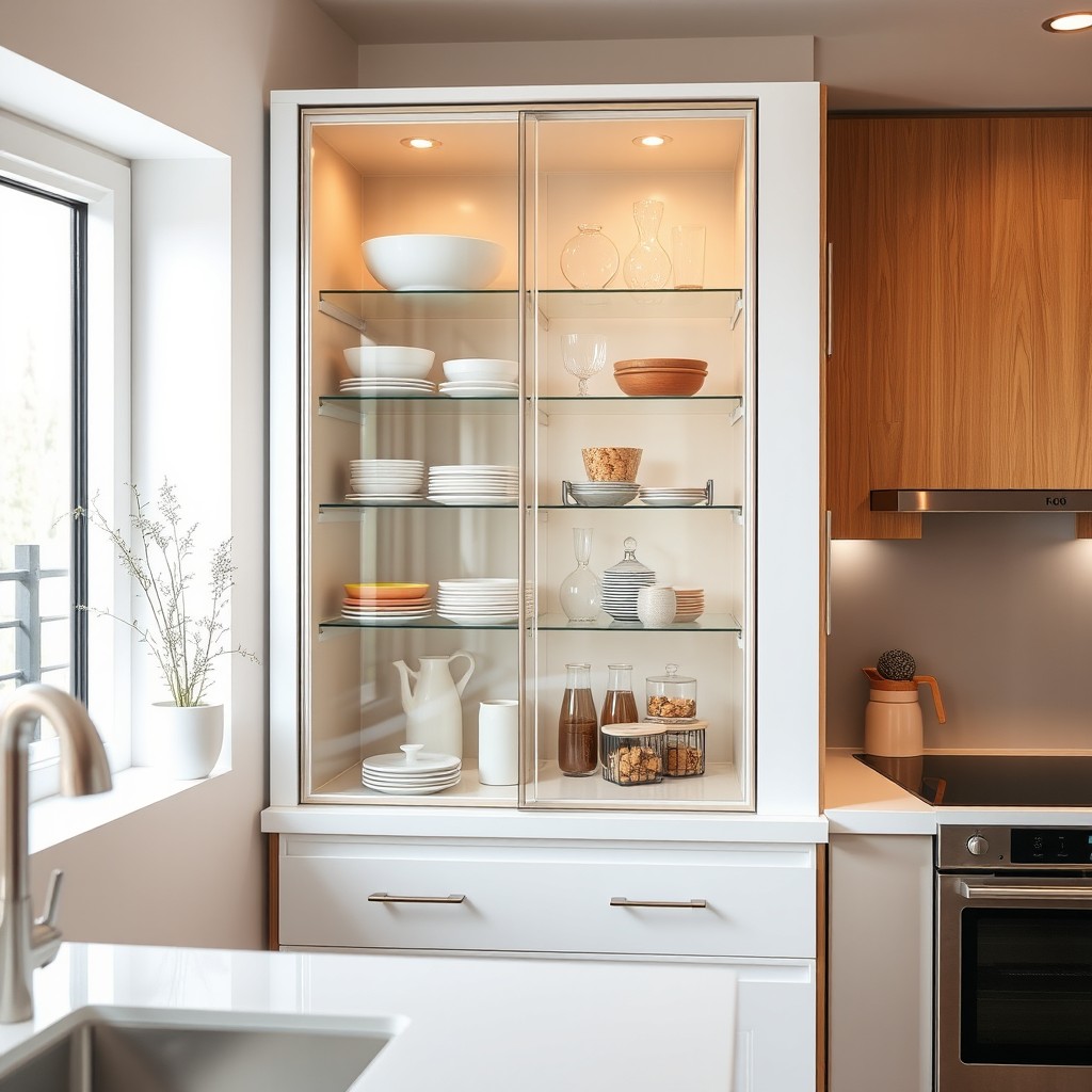A modern kitchen scene featuring a stylish transparent cupboard on the leftmost bottom section, framed elegantly to highlight its contents