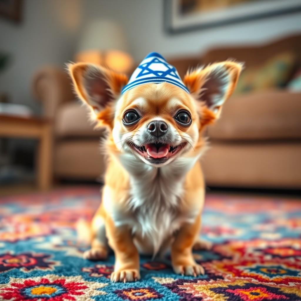 A cute chihuahua wearing a colorful Jewish kippah on its head, the dog is sitting on a vibrant, patterned rug, with a joyful expression on its face
