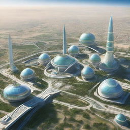 A futuristic view of Uzbekistan in 2050 showcasing advances in architecture, technology, and transportation.