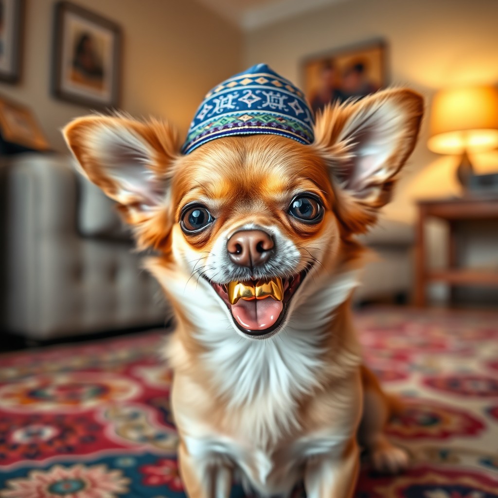 A charming chihuahua with a colorful Jewish kippah on its head, featuring a shiny gold tooth gleaming in its mouth