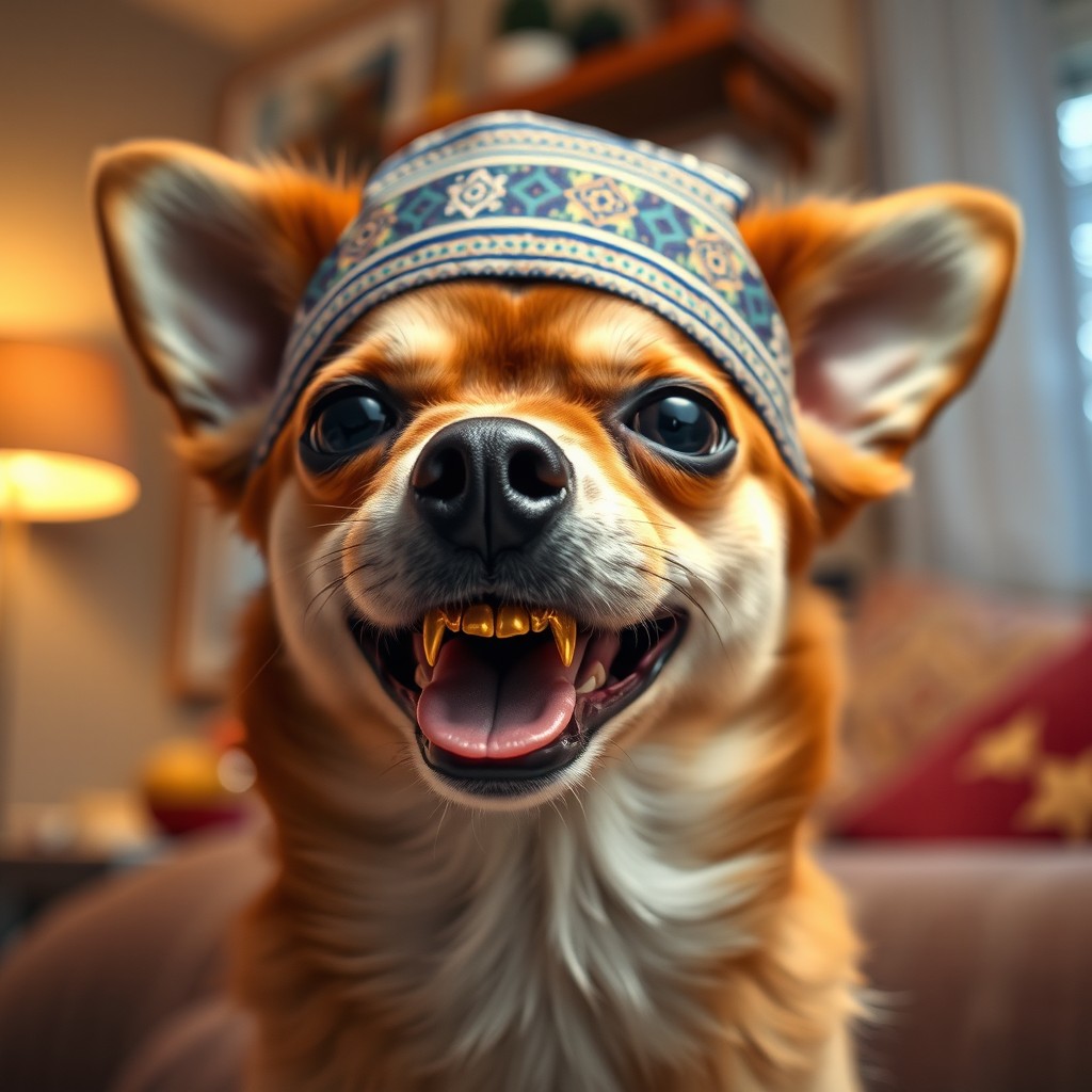 A delightful chihuahua adorned with a traditional Jewish kippah on its head, showcasing intricate patterns and colors
