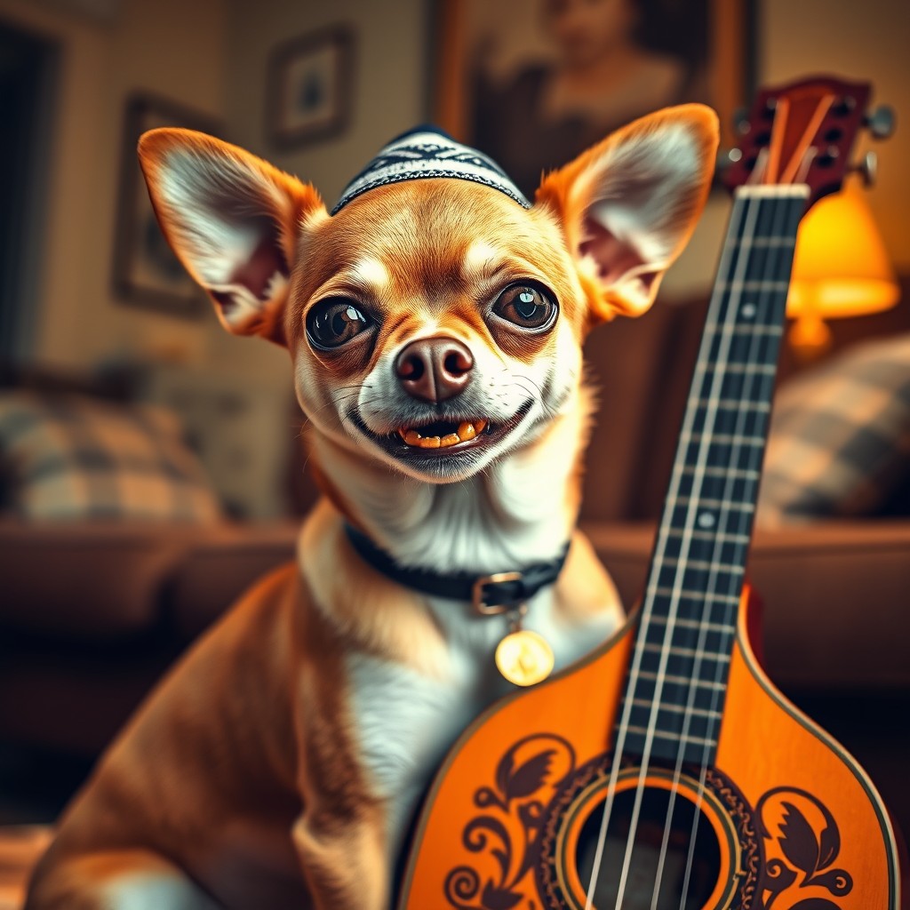 A charming chihuahua wearing a traditional Jewish kippah on its head, showcasing a playful expression