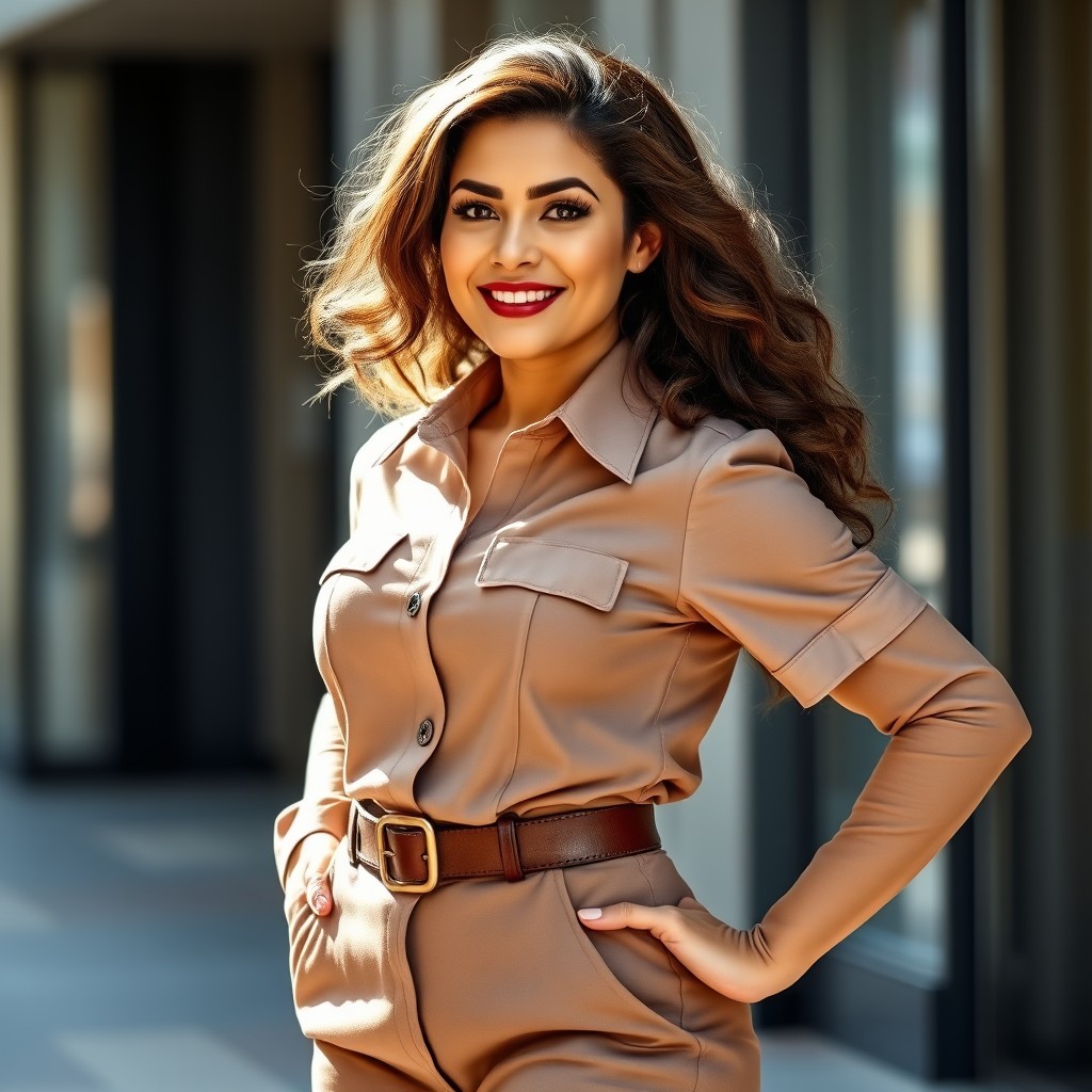 A confident and curvy woman in a stylish and well-fitted uniform that highlights her features, standing in an empowered pose