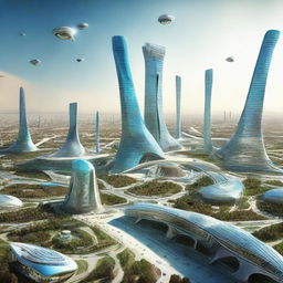 A futuristic view of Uzbekistan in 2050 showcasing advances in architecture, technology, and transportation.