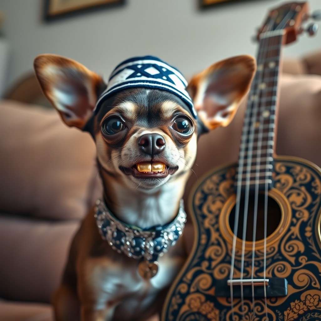 A cute chihuahua wearing a traditional Jewish kippah on its head, proudly displaying a shiny gold tooth