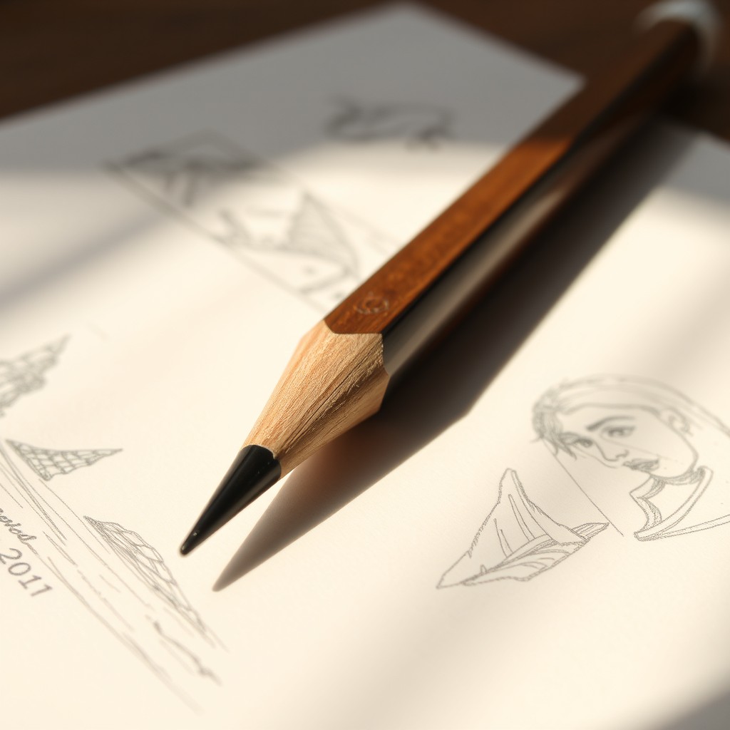 A close-up shot of a beautifully crafted lapiz (pencil) lying on a sketchbook filled with intricate pencil drawings
