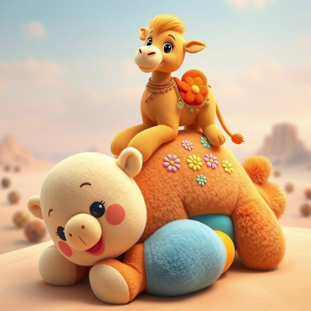 A surreal and whimsical scene featuring a cartoonish camel playfully perched atop a soft, oversized plush toy that resembles a baby