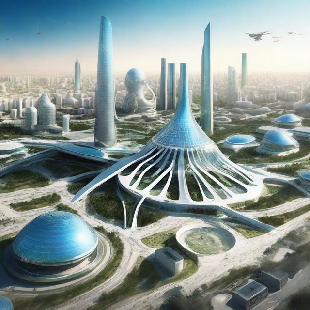 A futuristic view of Uzbekistan in 2050 showcasing advances in architecture, technology, and transportation.