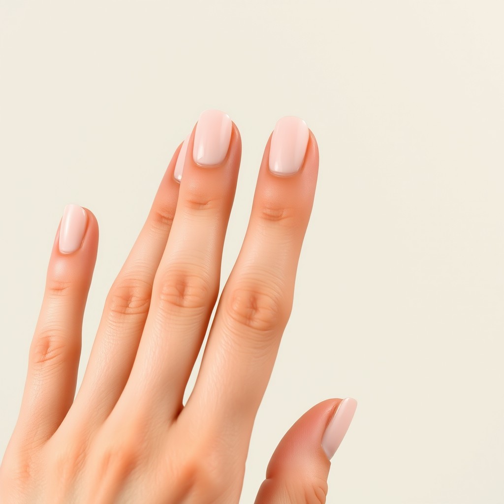 A close-up view of a beautifully manicured hand with thin, elegant fingers, showcasing smooth skin with no visible wrinkles
