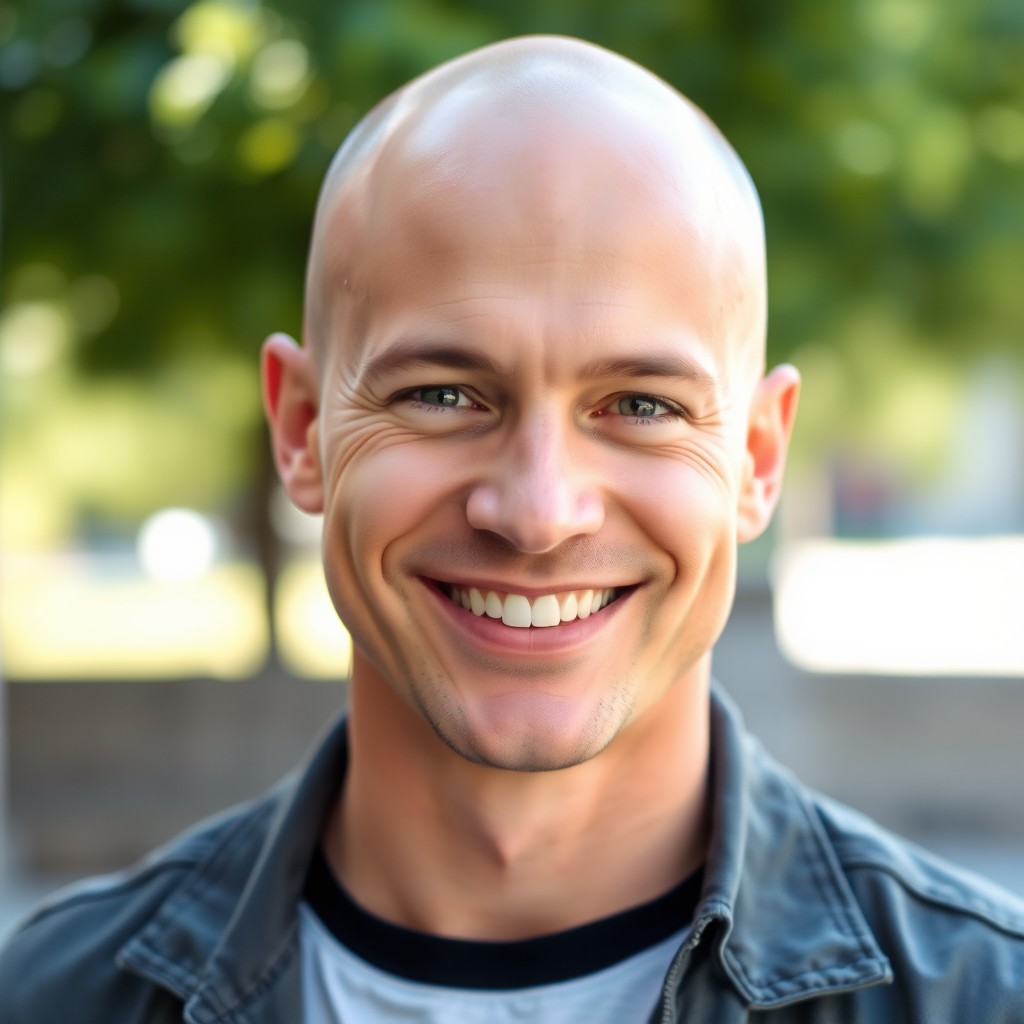 A portrait of a confident and charismatic person with a bald head, smiling warmly at the camera