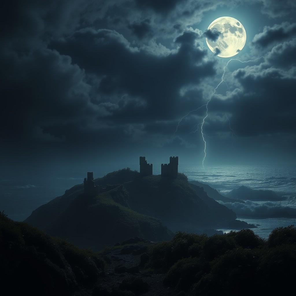 A hauntingly beautiful scene of a devastated island at night, shrouded in darkness and mystery