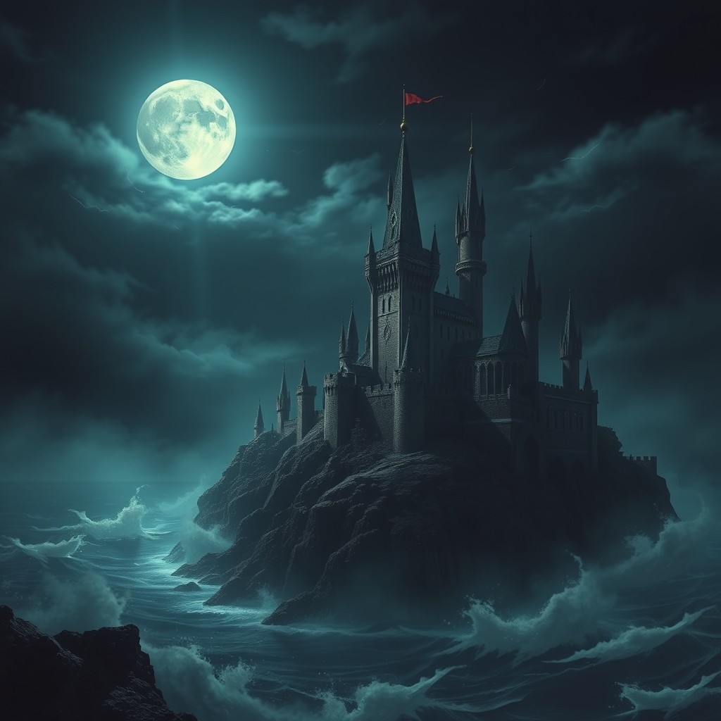 A dramatic scene depicting a devastated island at night, enveloped in darkness and mystery