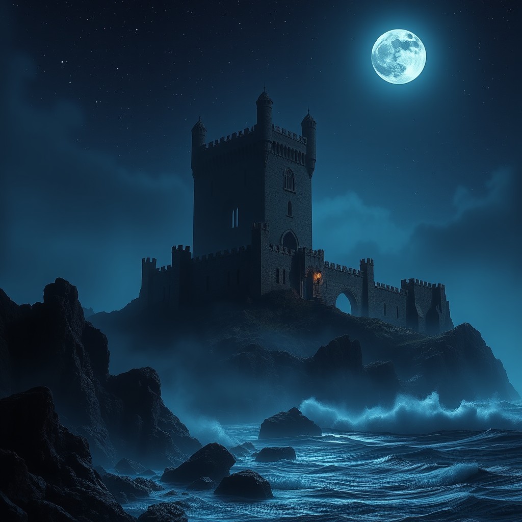 A breathtaking scene of a devastated island at night, cloaked in darkness and mystery