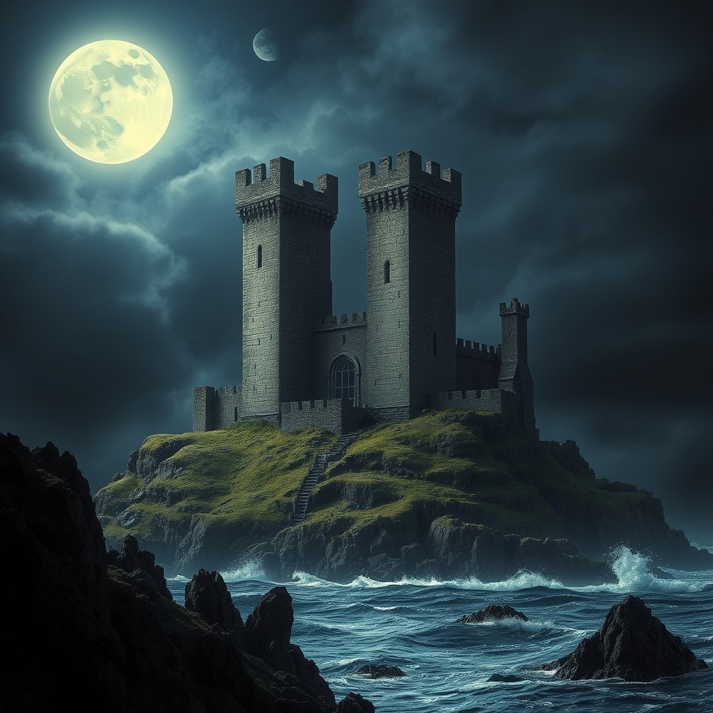 An atmospheric scene depicting a devastated island under the cover of night, with an ominous dark sky overhead