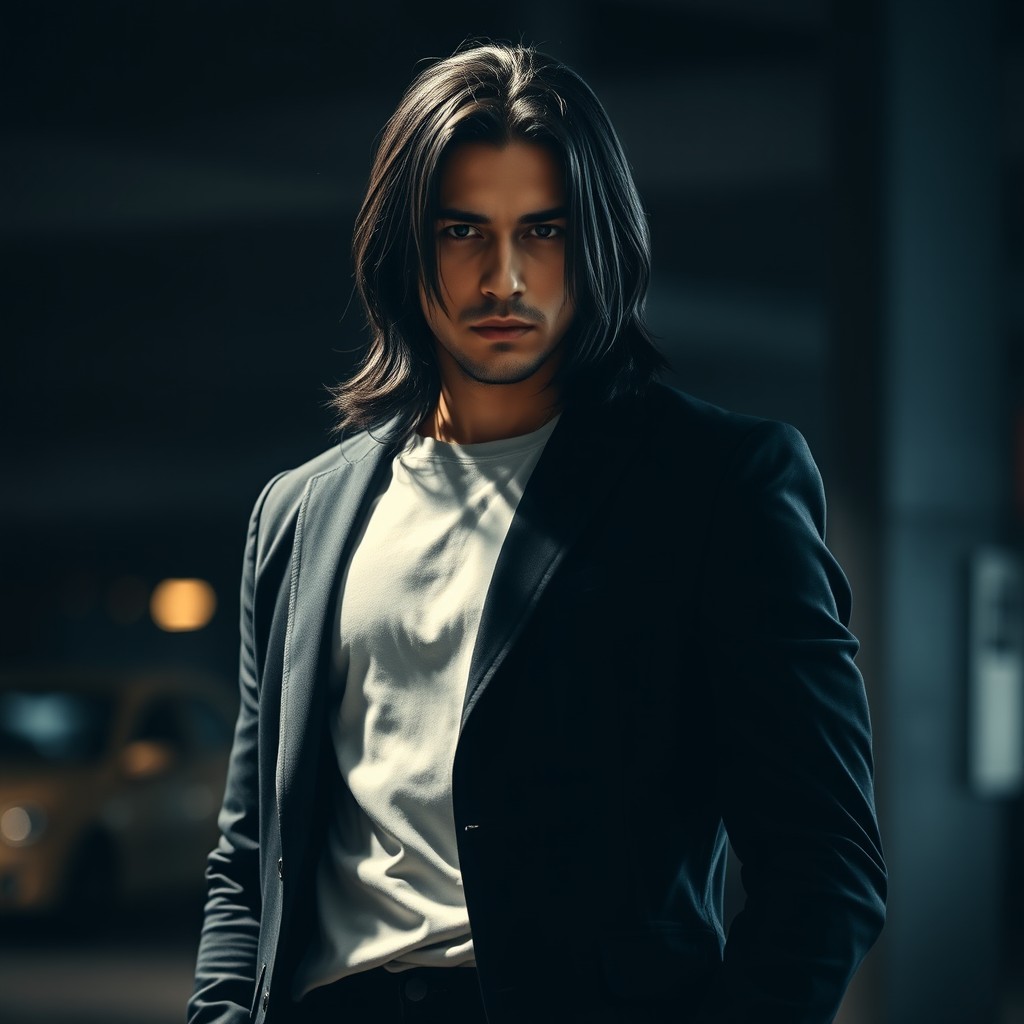 A striking portrait of a male figure with long black hair, exuding a serious demeanor