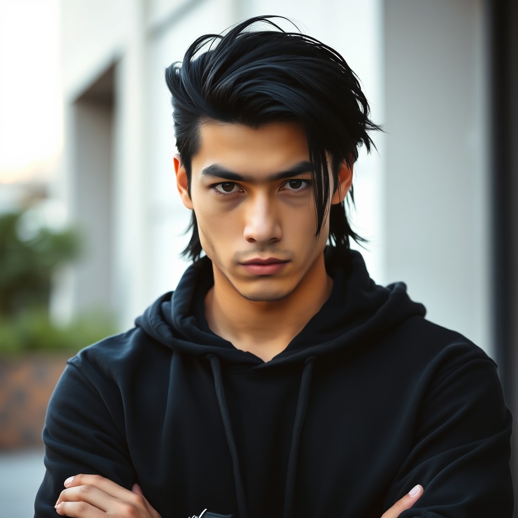 A captivating portrait of a male figure with long black hair, exuding a serious expression