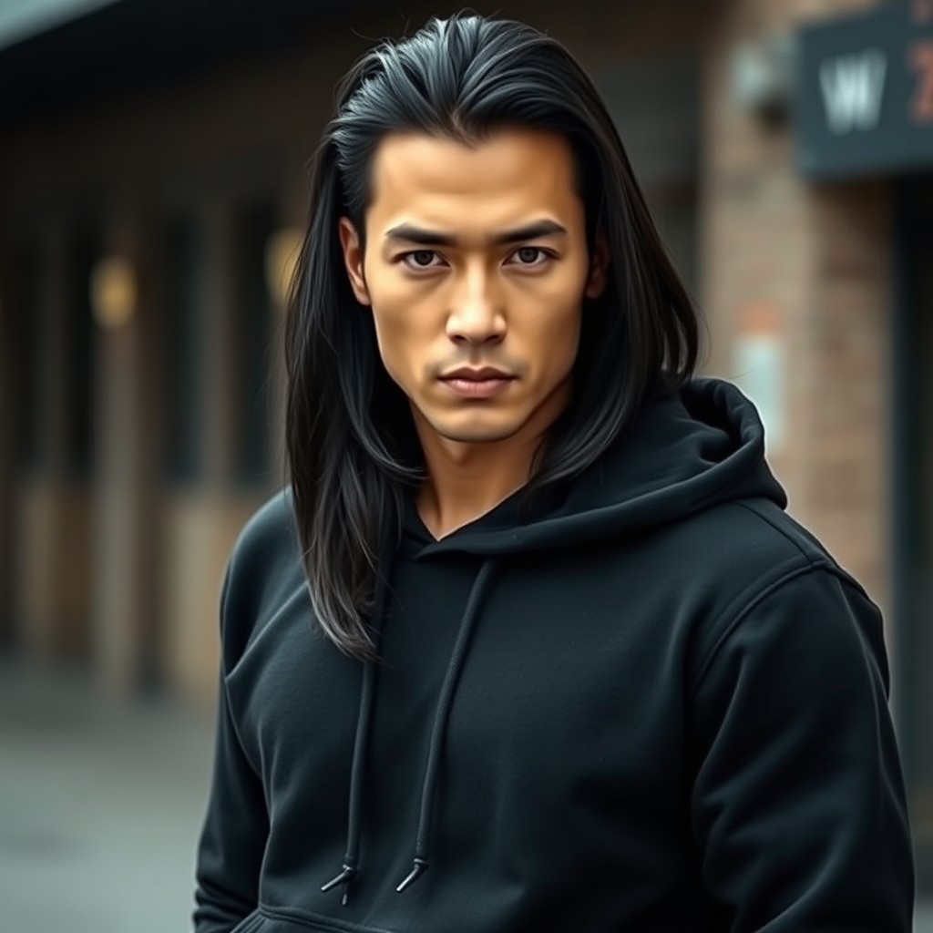 A striking portrait of a male figure with long black hair, showcasing a serious expression