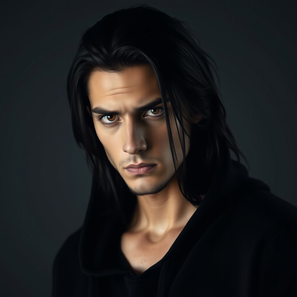 A striking portrait of a male figure with long black hair, displaying a serious expression