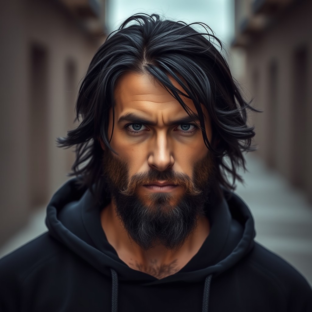 A striking portrait of a male figure with long black hair and a short beard, conveying a serious expression