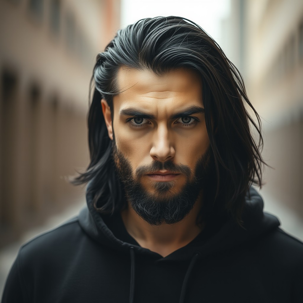A striking portrait of a male figure with long black hair, exhibiting a serious expression