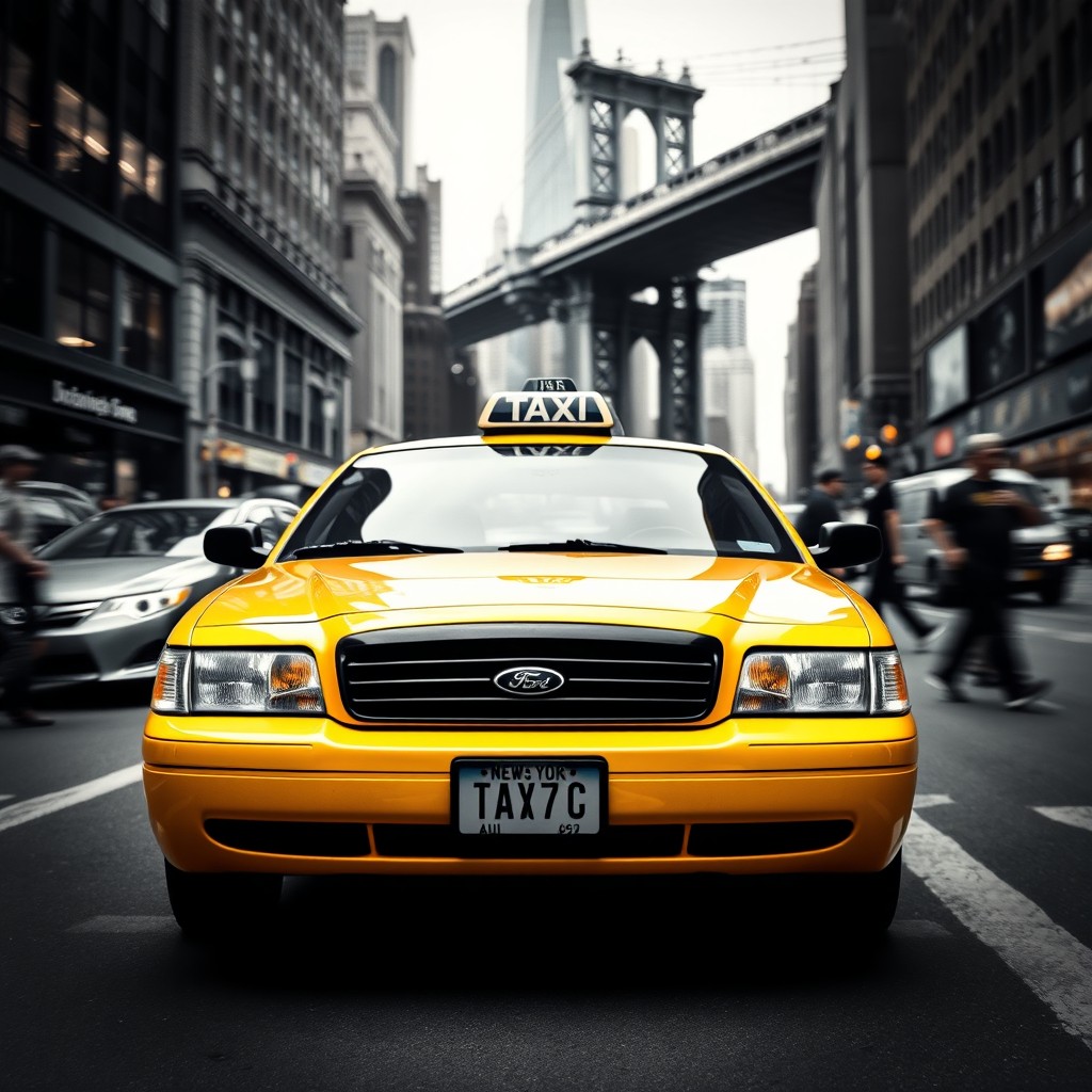 A classic yellow New York taxi in the foreground with a bustling black and white city skyline in the background
