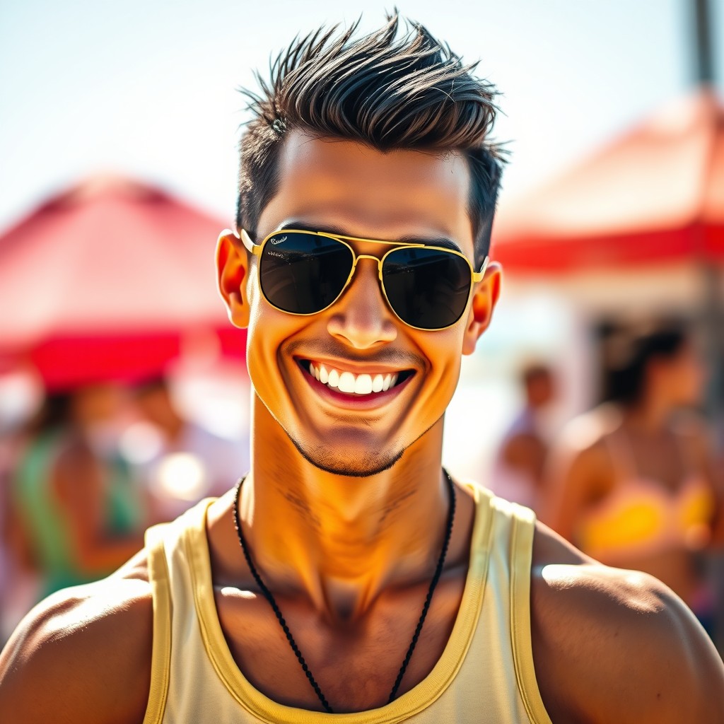 A vibrant portrait of a male figure with short black hair, wearing a bright smile that exudes confidence and charm