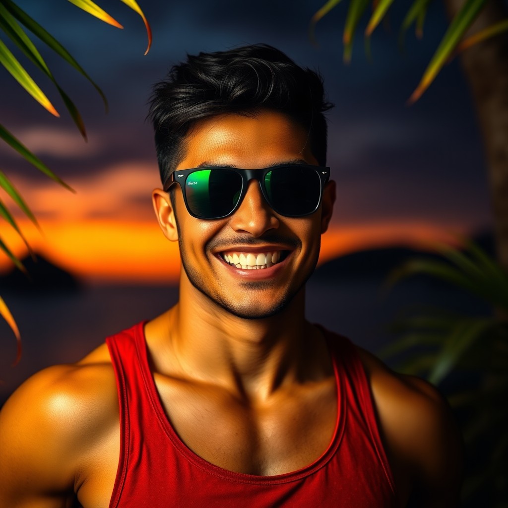 A vibrant portrait of a male figure with short black hair, showcasing a bright smile that conveys confidence and warmth