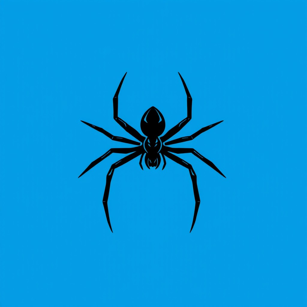 A striking black icon of a spider set against a vibrant blue background