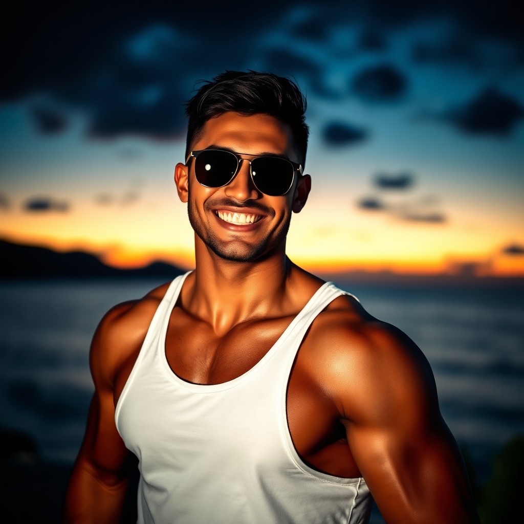 A lively portrait of a male figure with short black hair, beaming with a bright smile that radiates positivity