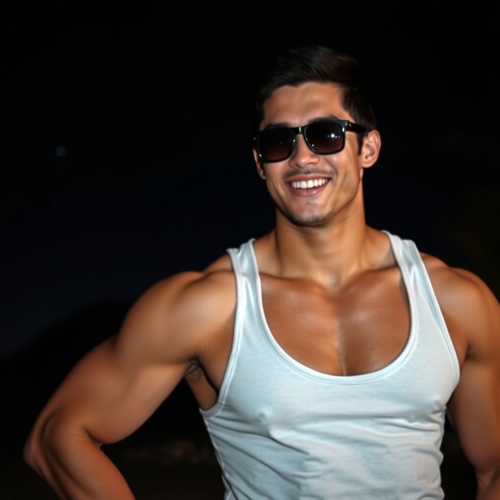 A striking nighttime portrait of a male figure with short black hair, radiating confidence with a bright smile