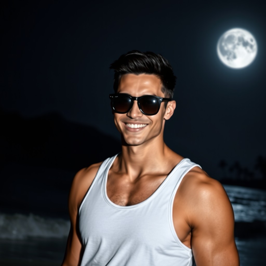 An engaging nighttime portrait of a male figure with short black hair, exuding charisma with a bright smile