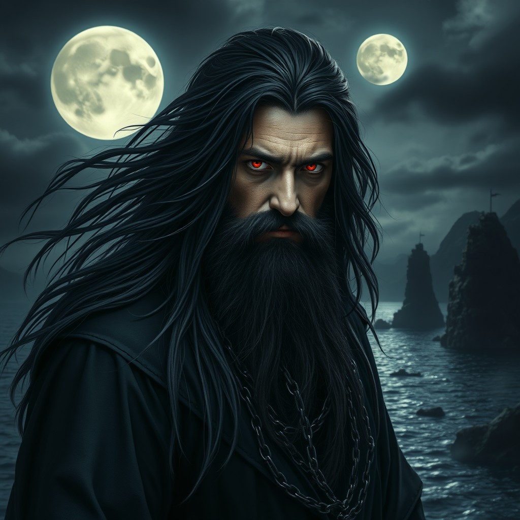 A dramatic portrayal of a male figure with long flowing black hair and a heavy metal aesthetic