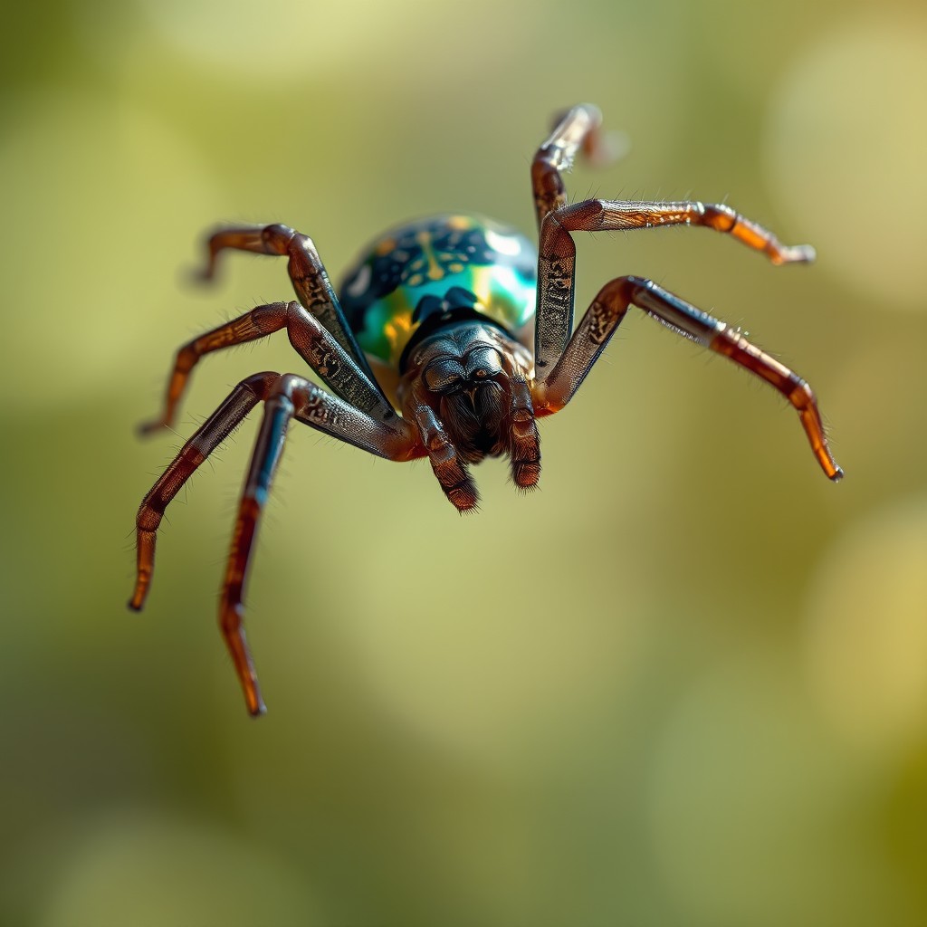 An artistic representation of a spider dynamically jumping through the air, its legs fully extended showcasing agility and grace