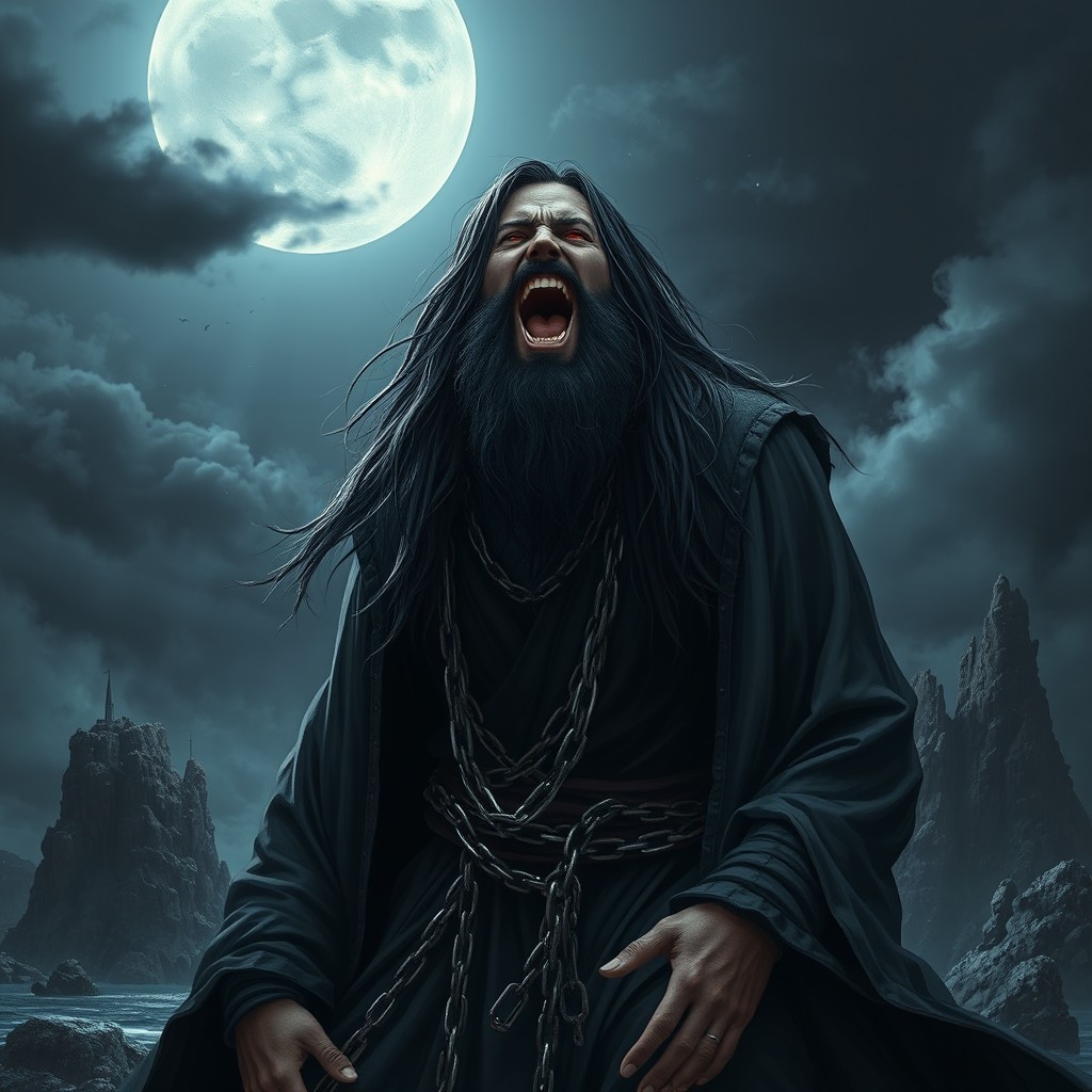 A powerful and intense scene depicting a male figure with long black hair, embodying a heavy metal aesthetic
