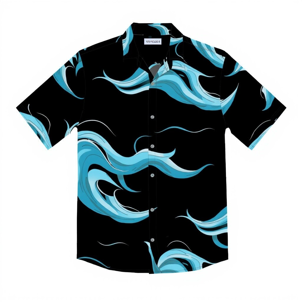 A stylish black shirt designed with a pattern of light blue and white messy waves flowing across the fabric
