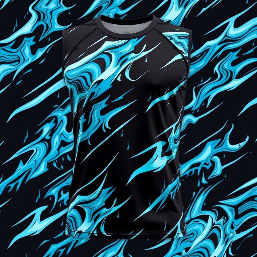 A sleek black sport shirt featuring an energetic pattern of light blue and white messy diagonal waves across the fabric