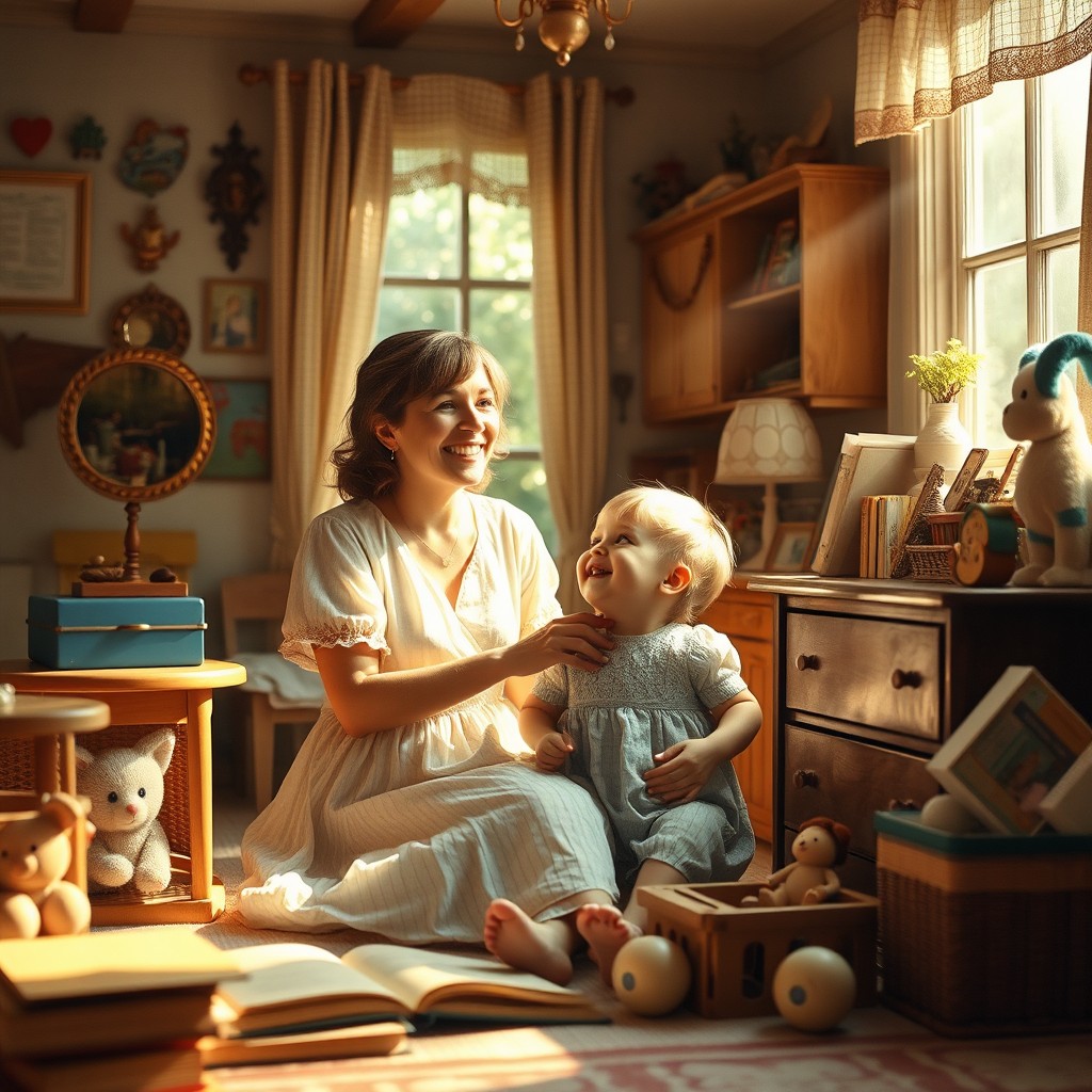 A heartwarming scene depicting a nostalgic moment between a mother and child, set in a cozy, sunlit room filled with vintage decor