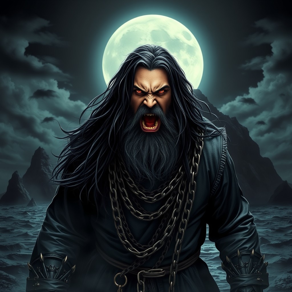 A striking scene featuring a male figure with long black hair, embodying the essence of heavy metal culture