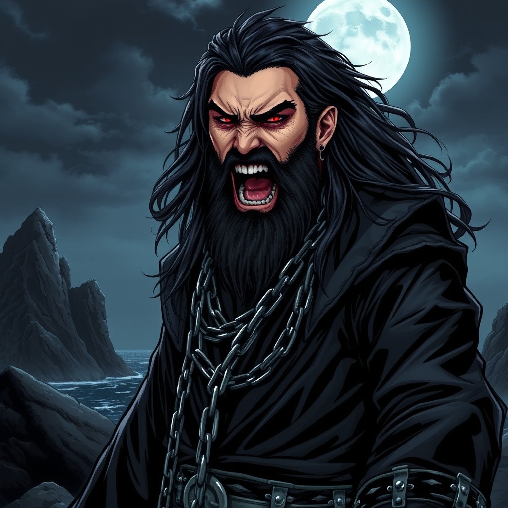 A striking and intense illustration featuring a male figure with long black hair, perfectly capturing the essence of heavy metal culture