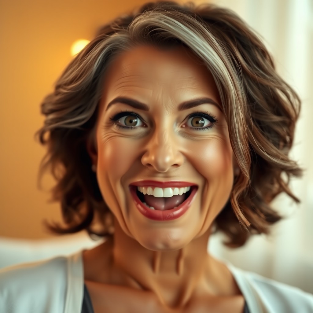 A captivating portrait of a 50-year-old woman with an open mouth, expressing surprise and joy