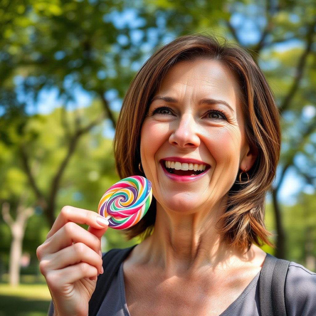 A 50-year-old woman playfully enjoying a colorful lollipop, her genuine smile radiating joy and happiness