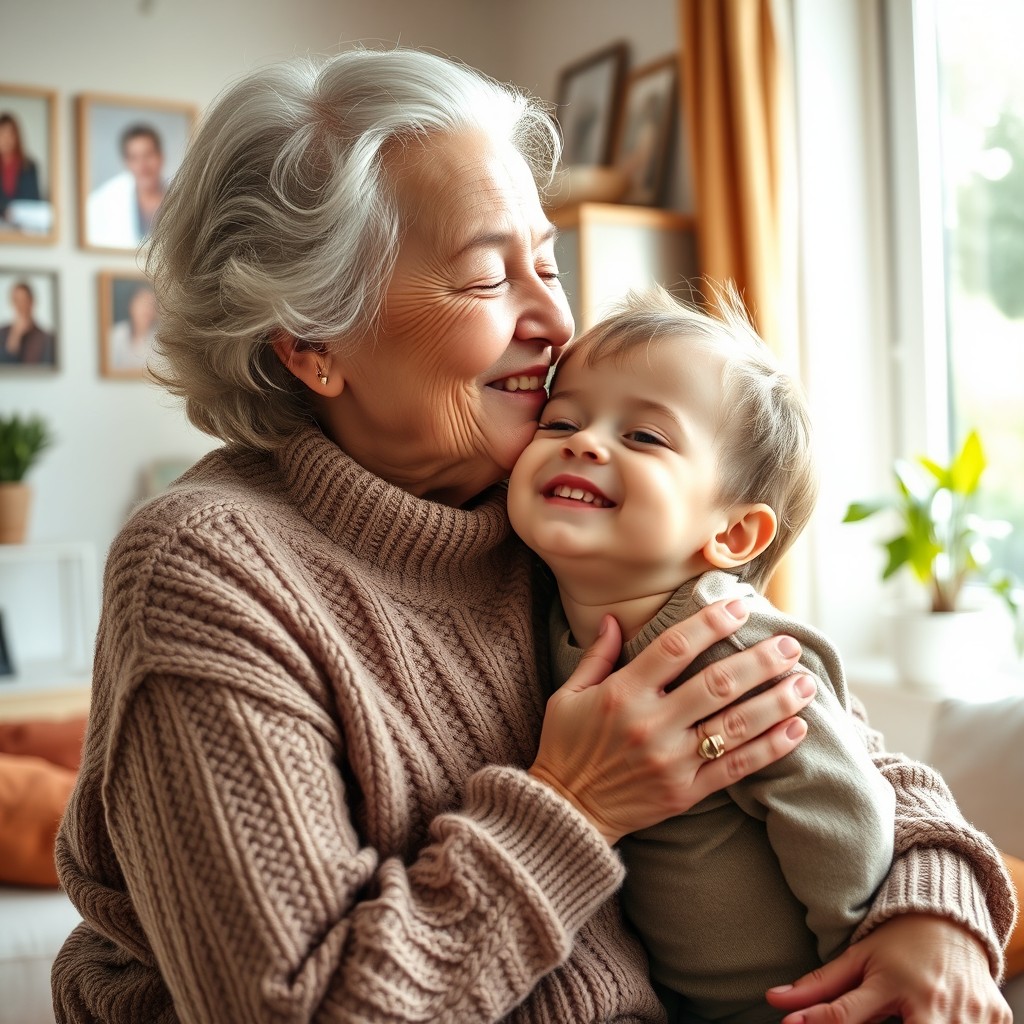 An elderly woman with a warm smile, wearing a cozy knitted sweater, happily kissing her grandchild on the cheek in a bright and cheerful living room