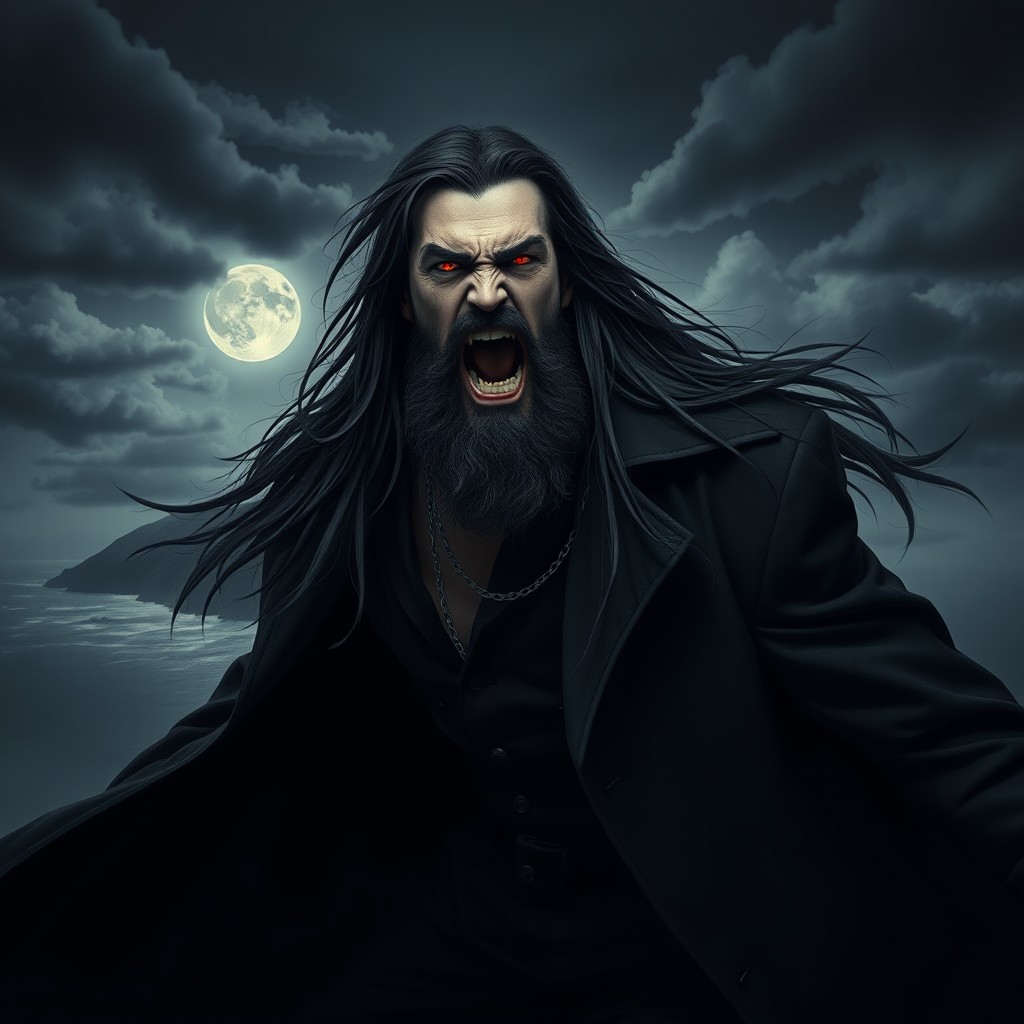 An evocative scene featuring a male figure with long black hair, exuding a heavy metal vibe