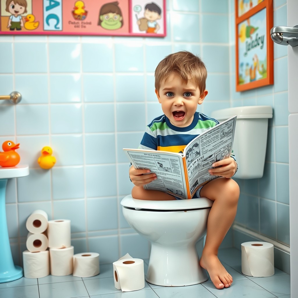 A humorous and light-hearted scene featuring a young boy sitting on a toilet, looking playful and mischievous