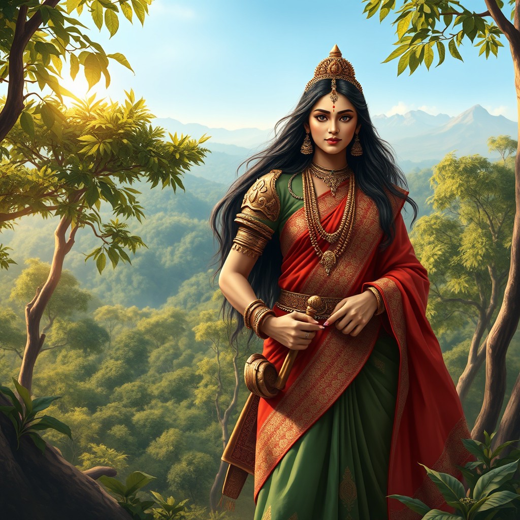A detailed and artistic interpretation of Pandu and Kunti from the Mahabharata, set in an ancient Indian landscape