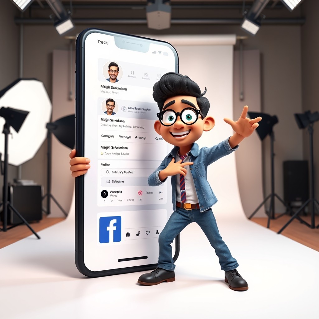 A 3D animated character named Abhishek Senadeera in a Pixar/Disney style, striking a fun and dynamic pose next to a giant smartphone that displays a Facebook profile for 'Manjula Siriwardana'